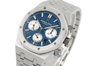 Royal Oak Chronograph Stainless Steel watch with a 41mm case, blue textured dial, and silver subdials on a metal bracelet.
