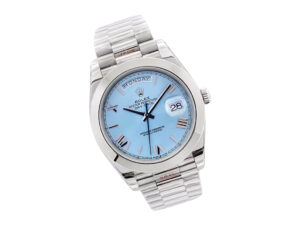 Day-Date 40 Platinum ‘President’ watch with Ice Blue Dial (Roman Numerals), Smooth Bezel, and platinum bracelet.
