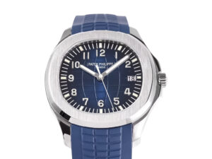 Aquanaut Stainless Steel 'Jumbo' watch with 42mm case, blue dial, and matching blue rubber strap displayed on a product page.