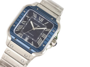 Santos Large Stainless Steel watch with a blue dial, blue bezel, silver Roman numerals, and stainless steel strap (40mm).