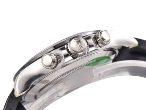 Side view of the Cosmograph Daytona Stainless Steel Oysterflex with Diamond Black Dial showing its crown and pushers.