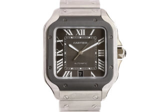 Santos Large Stainless Steel watch with a grey dial, grey bezel, Roman numerals, and date display (40mm).