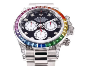 Cosmograph Daytona Stainless Steel 'Rainbow' watch with diamond bezel and multicolor sapphire accents on the dial.