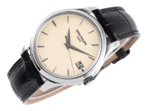 Calatrava Stainless Steel watch with ivory dial, 39mm case size, black leather strap, and date display at 3 o’clock.