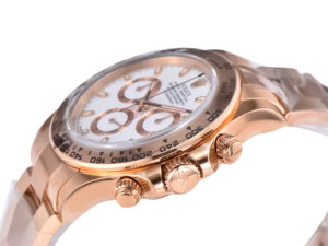 Cosmograph Daytona Rose Gold watch with ivory dial, featuring elegant design and detailed craftsmanship viewed from the side.