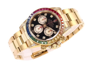 Cosmograph Daytona Yellow Gold ‘Rainbow’ with Diamond Bezel featuring colorful gem-set hour markers and black dial.