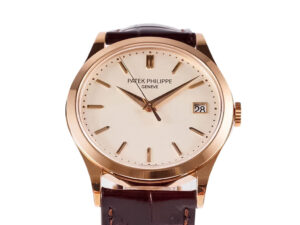 Calatrava Rose Gold with Ivory Dial (38mm) watch featuring a brown leather strap and a date display at 3 o’clock.