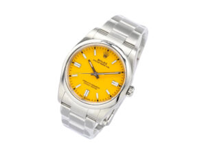 Oyster Perpetual 36 stainless steel watch with a vibrant yellow dial, featuring sleek indices and a polished bracelet.