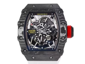RM 35-02 Rafa watch with a black bezel, red markers, white rubber strap (49mm), an open-worked dial and visible mechanics.