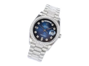 Day-Date 36 Stainless Steel ‘President’ watch with Diamond Blue Ombre Dial, diamond bezel, and bracelet on product page.
