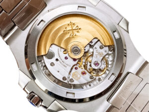 Close-up of the Nautilus Stainless Steel (40mm) case back, showing the intricate automatic movement mechanism.