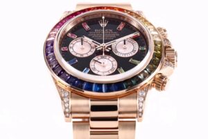 Alt text: Cosmograph Daytona Rose Gold ‘Rainbow’ watch with diamond bezel, black dial, and rainbow-colored gemstone accents.