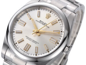 Oyster Perpetual 41 Stainless Steel watch with silver dial featuring gold hour markers and smooth bezel on a steel bracelet.