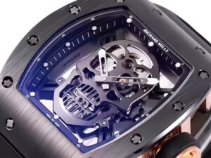 RM 52-01 Skull Black Dial Tourbillon with Rose Gold Bezel and Black Rubber Strap, featuring detailed skull design on dial.