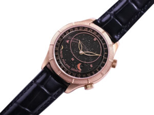 Celestial Only Watch Rose Gold with Black Dial featuring celestial patterns, moon phase display, and black leather strap.
