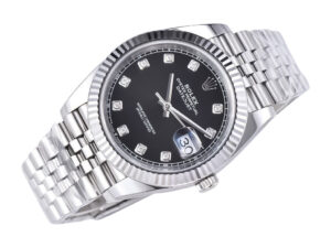 Datejust 41 Stainless Steel watch with Jubilee bracelet, diamond black dial, fluted bezel, and date window at 3 o'clock.