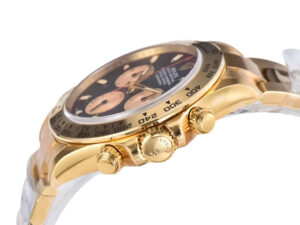 Side view of the Cosmograph Daytona Yellow Gold ‘Paul Newman’ watch, showcasing its sleek gold case and black dial.