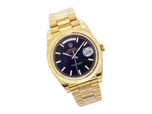 Day-Date 40 Yellow Gold 'President' watch with black motif dial, fluted bezel, and day-date display on the product page.