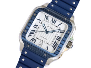 Santos Large Stainless Steel watch with white dial, blue bezel, and blue rubber strap (40mm) displayed up close.