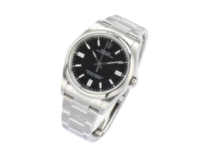 Oyster Perpetual 36 Stainless Steel watch with a black dial, silver-tone hands, and an elegant stainless steel bracelet.