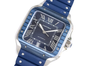 Santos Large Stainless Steel watch with blue dial, blue bezel, and rubber strap (40mm), featuring Roman numerals.