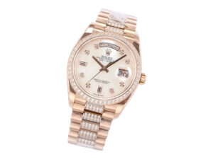 Day-Date 36 Rose Gold 'President' watch with Diamond Mother of Pearl Dial, Diamond Bezel, and elegant rose gold bracelet.