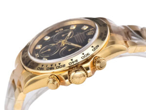 Cosmograph Daytona Yellow Gold with Diamond Black Dial, featuring a sleek gold case detailed side view of the chronograph.