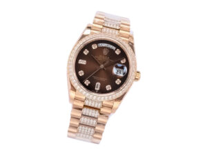 Day-Date 36 Rose Gold ‘President’ watch with Diamond Chocolate Dial, Diamond Bezel, and diamond-accented bracelet.