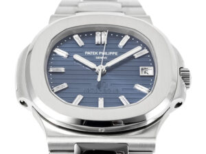 Nautilus Stainless Steel '40th Anniversary' watch with a 40mm case & blue dial featuring date display & diamond hour markers.