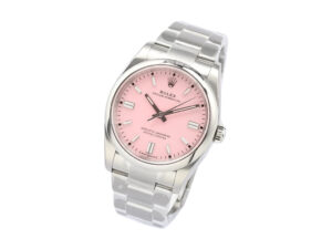 Oyster Perpetual 36 stainless steel watch with a pink dial, silver hour markers, and an elegant bracelet design.