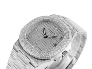 Nautilus Stainless Steel 'Iced Out' watch with diamond-encrusted bezel and bracelet, featuring a sleek silver-tone dial.