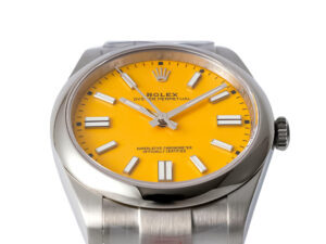 Oyster Perpetual 41 watch in stainless steel with a vibrant yellow dial, silver-tone hour markers, and sleek bracelet design.