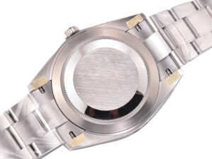 Back view of the Datejust 41 Stainless Steel on Oyster with Silver Dial and Fluted Bezel, showcasing its closed caseback.