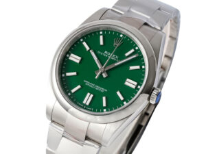 Oyster Perpetual 41 Stainless Steel watch featuring a green dial, polished bezel, and stainless steel bracelet.