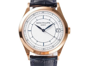 Calatrava Rose Gold ‘Scientific’ watch (38mm) with silver dial, black leather strap, and date display at 3 o’clock.