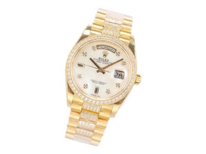 Day-Date 36 Yellow Gold 'President' watch with Diamond Mother of Pearl Dial, Diamond Bezel, and gold bracelet.