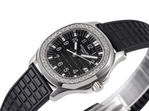 Aquanaut Luce Stainless Steel Diamond Black watch with a diamond bezel, black embossed strap, and sleek black dial.