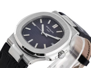 Nautilus stainless steel watch with a grey dial, silver hour markers, and black leather strap; 40mm case size.