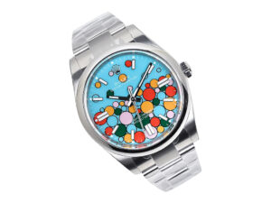 Oyster Perpetual 41 in stainless steel with a turquoise Celebration Motif dial, featuring colorful bubble patterns.