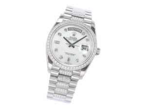 Day-Date 36 President watch in stainless steel with diamond mother-of-pearl dial, diamond bezel, and bracelet detailing.