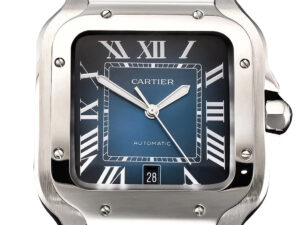 Santos Large Stainless Steel watch with a blue dial featuring Roman numerals, 40mm case, and an automatic movement.