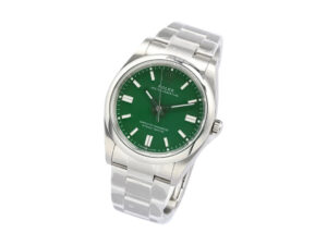 Oyster Perpetual 36 stainless steel watch with a vibrant green dial and sleek polished bracelet, displayed at an angle.