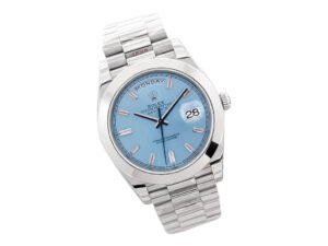 Day-Date 40 Platinum ‘President’ watch with Ice Blue Diamond Dial, Smooth Bezel, and silver bracelet displayed at an angle.