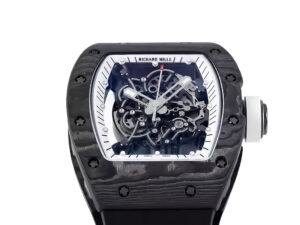RM055 Bubba Watson watch with white dial, black bezel, visible mechanics, and black rubber strap; 49mm case.