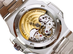 Back view of the Nautilus Stainless Steel 'Tiffany' watch showcasing its exposed movement and engraved 170th Anniversary.