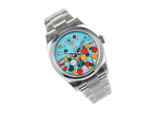 Oyster Perpetual 36 Stainless Steel watch with a turquoise dial featuring a colorful celebration motif design.