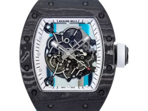 RM055 Bubba Watson watch with a white skeleton dial, black bezel, and blue rubber strap (49mm) displayed in close-up.