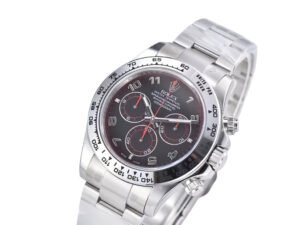 Cosmograph Daytona Stainless Steel watch with Matte Black 'Racing Dial', featuring three subdials and a polished bracelet.
