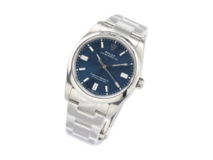Oyster Perpetual 36 stainless steel watch with a blue dial, smooth bezel, and an oyster bracelet displayed at an angle.