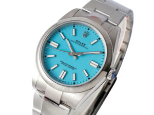 Oyster Perpetual 41 Stainless Steel watch with a blue turquoise dial, displayed on its stainless steel bracelet.
